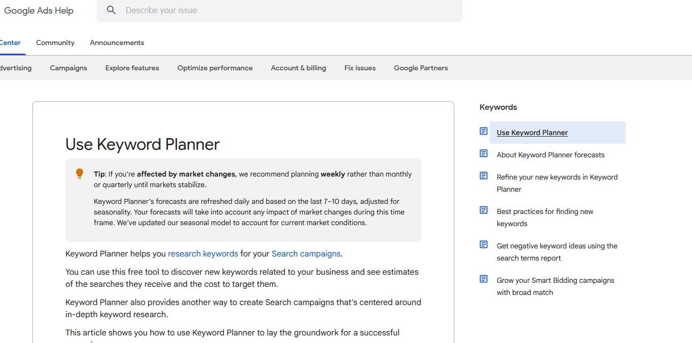 Homepage of Google Keyword Planner