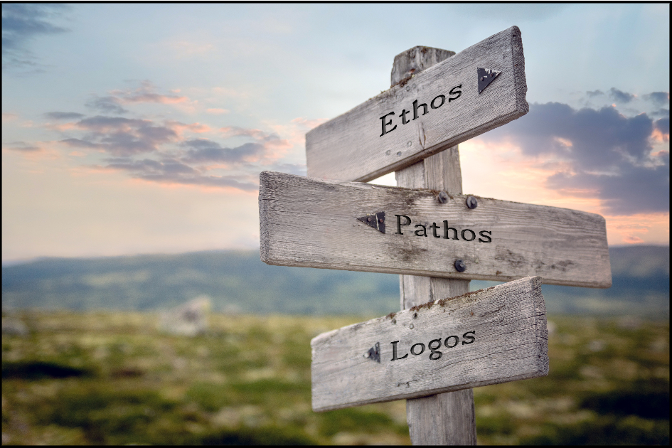 Wood signpost with the words ethos, pathos, and logos