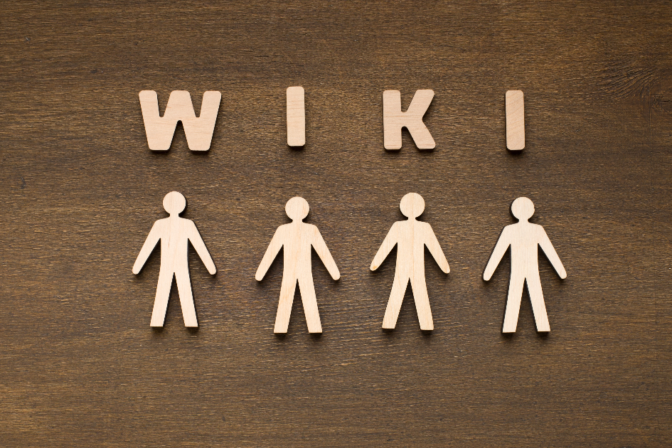 A picture of 4 unisex figures underneath the word "WIKI." 